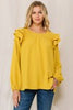 ROUND NECK LS W/RUFFLED SHOULDERS SMOCKED YOKE SOLID WOVEN TOP