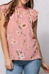 FLORAL PRINTED RUFFLE NECK BLOUSE W RUFFLE CAP SS
