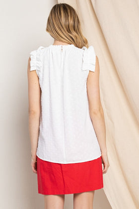 TEXTURED SOLID WOVEN BLOUSE W RUFFLE ROUND NECK