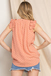 TEXTURED SOLID WOVEN BLOUSE W RUFFLE ROUND NECK