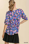 Floral Print Metallic Threading Round Neck Puff Sleeve Babydoll Top with Back Keyhole