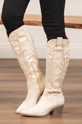 SAMARA WHITE EMBROIDERED TALL BOOTS