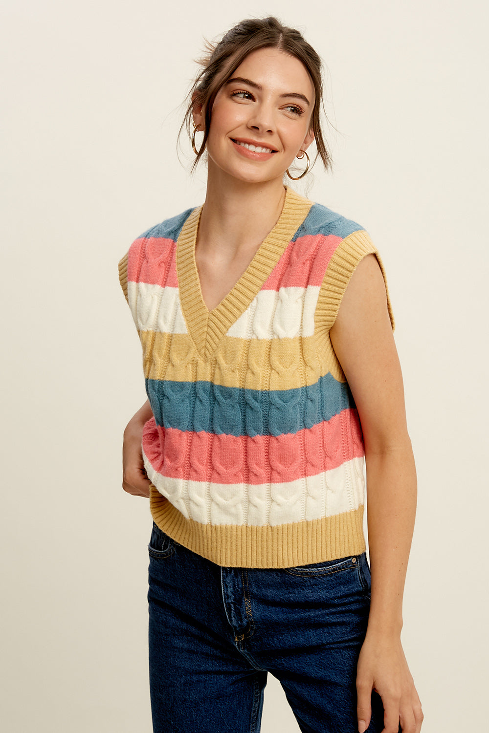 Relaxed Cotton Striped Hem Sweater Vest