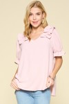Solid Woven Blouse W/ Short Puffed Sleeves