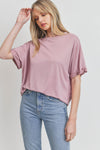 Short Cuffed Sleeves Round Neck Solid T Shirt Top
