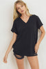 V Neck Short Cuffed Sleeve French Terry Top