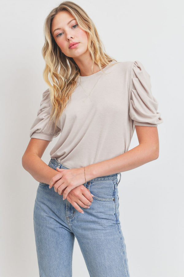 Pleated Puff Sleeves Soft French Terry Knit Top
