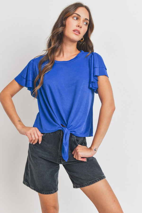Short Ruffled Sleeves Front Tie Stretch Woven Top