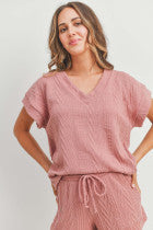 Short Dolman Sleeves Cable Knit Top