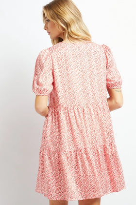 PRINTED V NECK MINI LOOSE FLARE DRESS