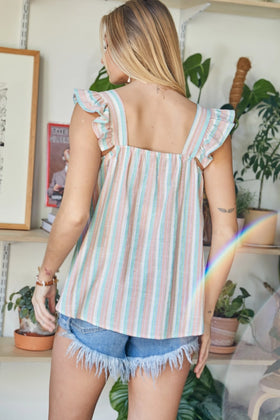 STRIPED SMOCKED SQUARE NECK TOP
