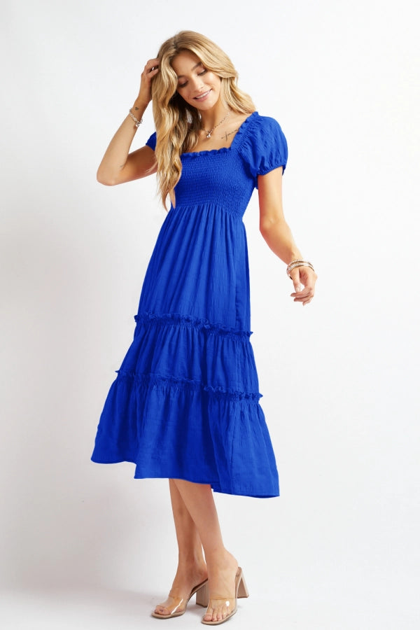 SOLID SMOKED RUFFLE MIDI DRESS