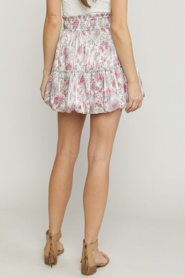 Printed Bubble Skirt Featuring Smocking at Waist