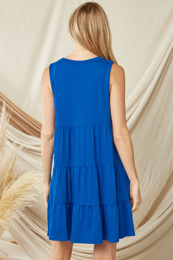 SOLID SLEEVELESS ROUND NECK DRESS W/RUFFLE TIERED DETAIL