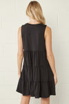 SOLID SLEEVELESS ROUND NECK DRESS W/RUFFLE TIERED DETAIL