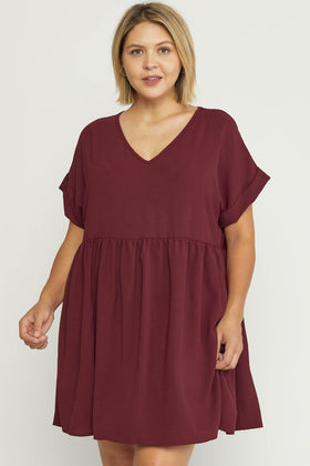 Solid textured v-neck short sleeve babydoll dress
