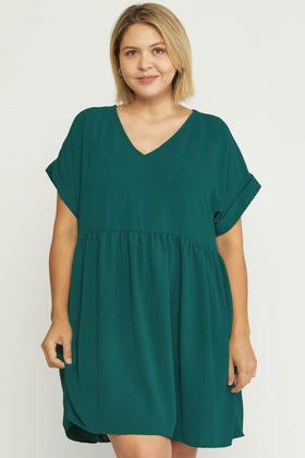 Solid textured v-neck short sleeve babydoll dress