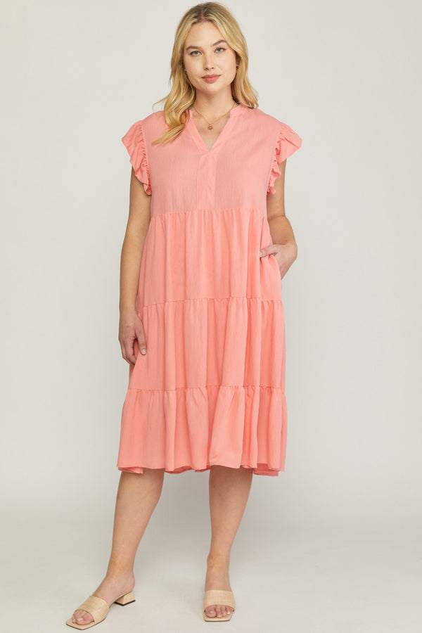 SOLID V NECK TIERED MIDI DRESSS
