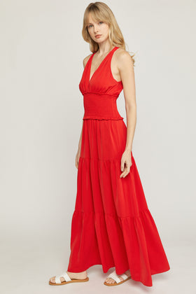 Smocked Waist Solid v-neck sleeveless tiered maxi dress