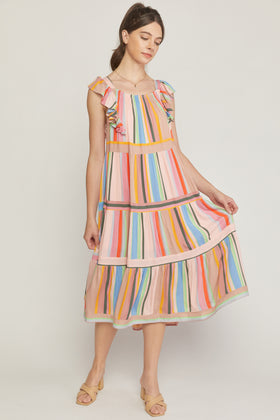 Multicolor striped high square neck ruffle shoulder tiered midi dress