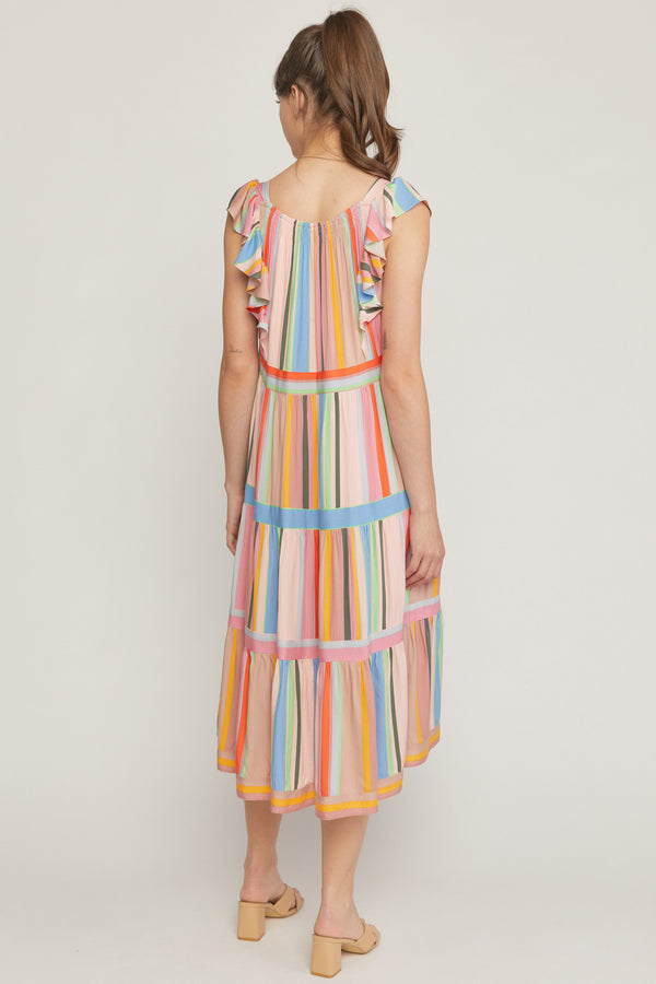 Multicolor striped high square neck ruffle shoulder tiered midi dress