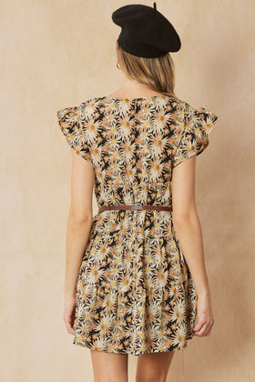 Floral print v-neck ruffle sleeve tiered mini dress
