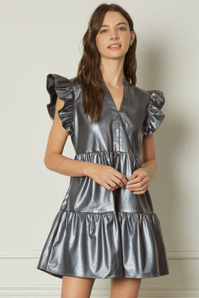 Metallic Faux leather tiered mini dress