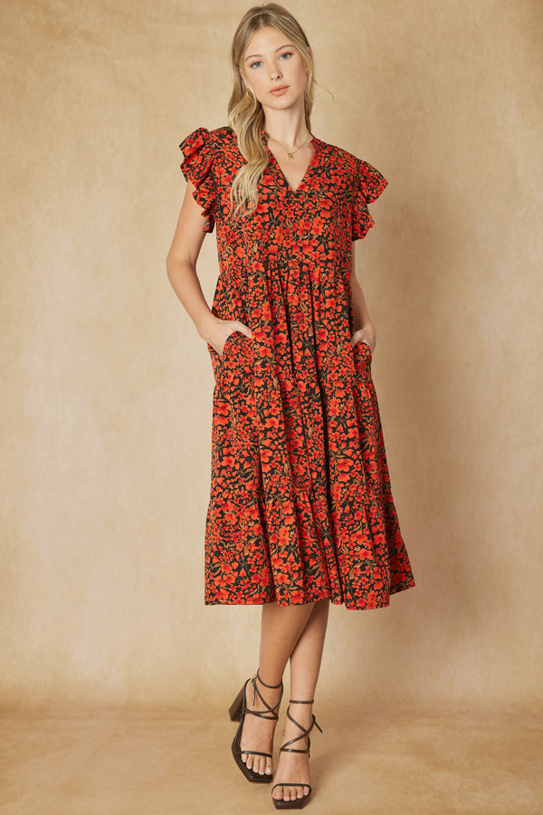 Floral print v-neck ruffle sleeve tiered midi dress