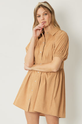 Corduroy button up collared mini dress with puff sleeves