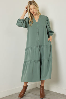 V-neck long sleeve tiered midi dress