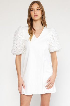 V Neck Mini Dress Featuring 3D Applique Flower Sleeves
