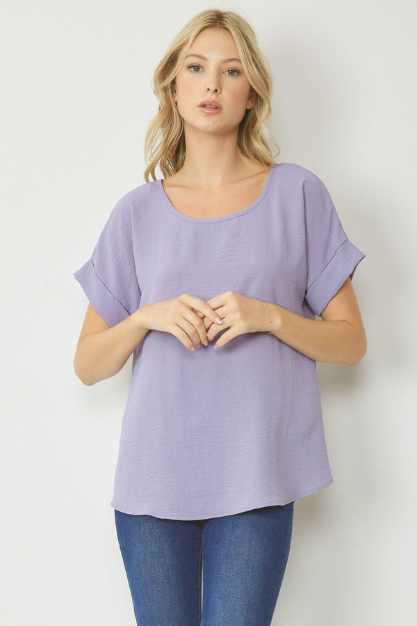 Scoop Neck Top Featuring Permanent Rolled Sleeve Detail