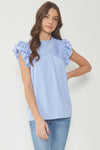 Solid Round Neck Ruffle Sleeve Top Featuring Pleat Detailing At Front