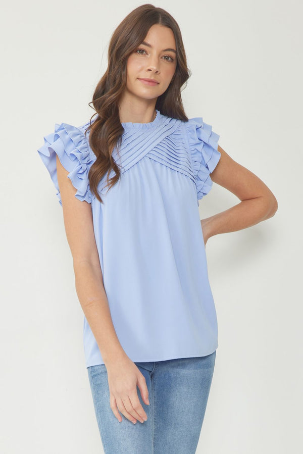 Solid Round Neck Ruffle Sleeve Top Featuring Pleat Detailing At Front