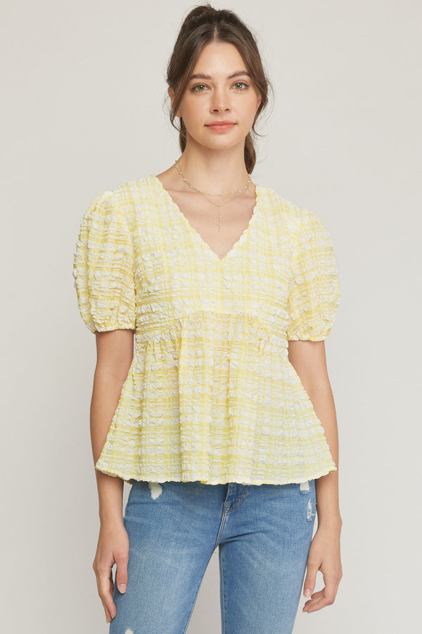 Textured V Neck Bubble Sleeve Peplum Top