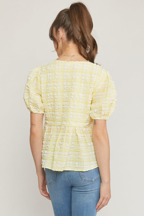 Textured V Neck Bubble Sleeve Peplum Top