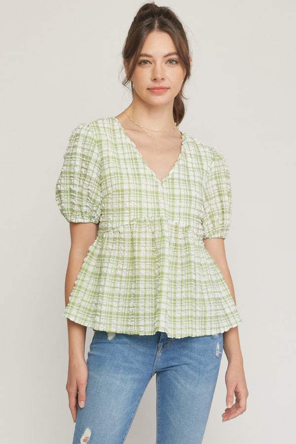 Textured V Neck Bubble Sleeve Peplum Top