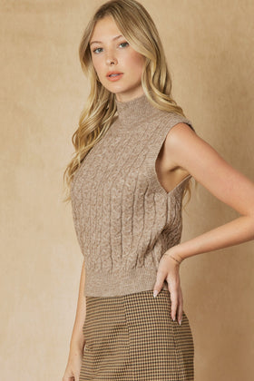 Cable knit high neck sleeveless sweater vest