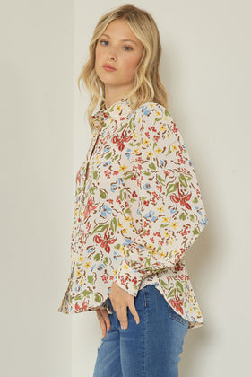 Floral print collared button up top