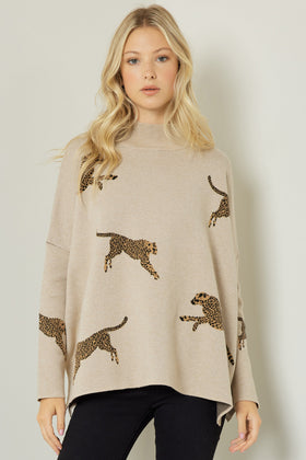 Cheetah Print Mock Neck LS Sweater