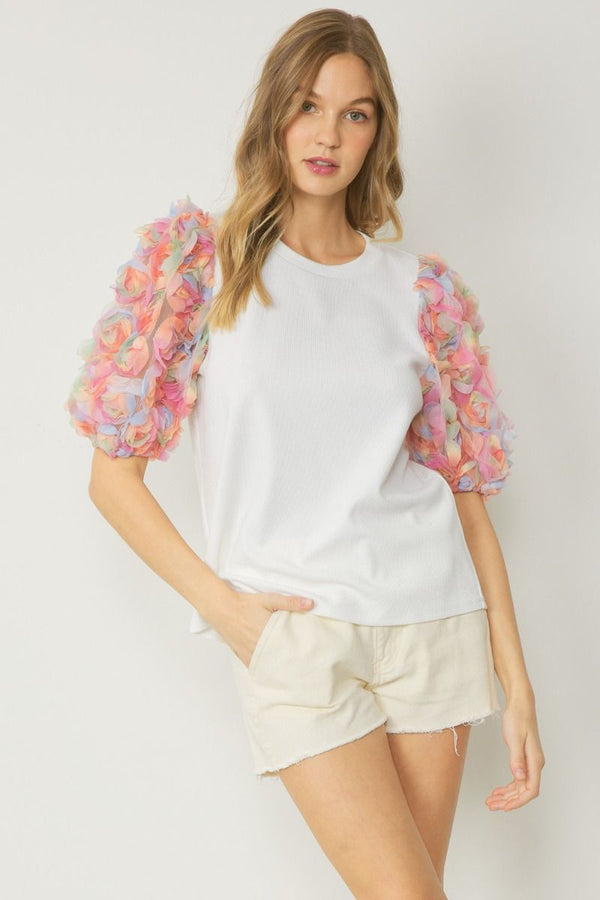 Ribbed Round Neck 1/2 Sleeve Top Featuring 3D Floral Detail Sleeves