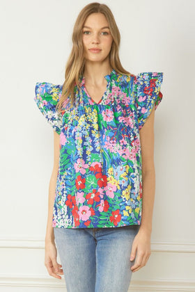 Floral Print V Neck Ruffle Sleeve Top