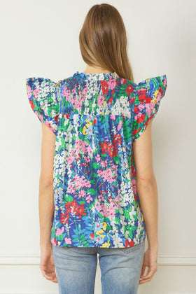 Floral Print V Neck Ruffle Sleeve Top