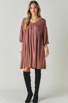 SOLID V NECK SHORT SLEEVE MINI DRESS