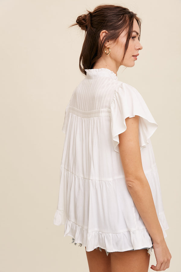Button Down Ruffled Contrast Blouse Top
