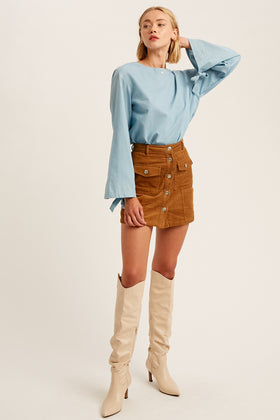 CHAMBRAY RUCHED SLEEVES TOP