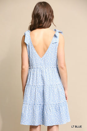 Gingham & Floral Knotted Shoulder Tiered Dress