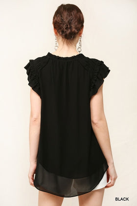 Chiffon Shirring Detail Button Down Sleeveless Top W/Full Lining