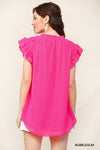 Chiffon Shirring Detail Button Down Sleeveless Top W/Full Lining