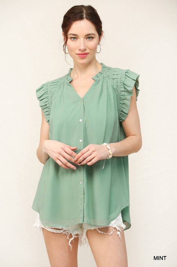 Chiffon Shirring Detail Button Down Sleeveless Top W/Full Lining